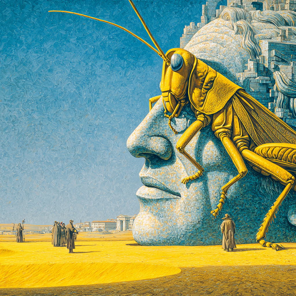 Surreales Gemälde mit einer riesigen blauen Steinskulptur eines menschlichen Kopfes, auf der eine goldene Heuschrecke sitzt, während Menschen in Mänteln in der Wüstenlandschaft stehen.
