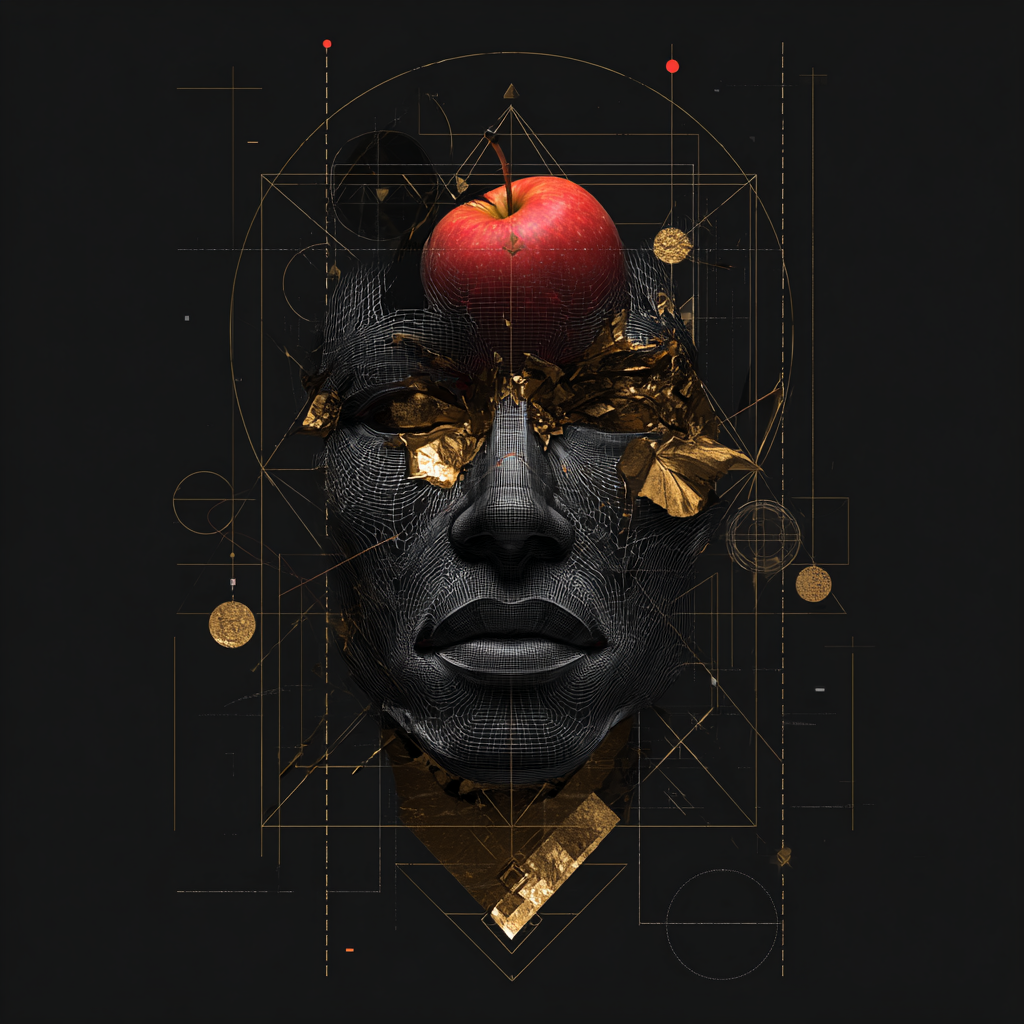Abstraktes digitales Gesicht mit Liniennetz, rotem Apfel auf der Stirn und goldenen Fragmenten, umgeben von geometrischen Formen auf dunklem Hintergrund.
