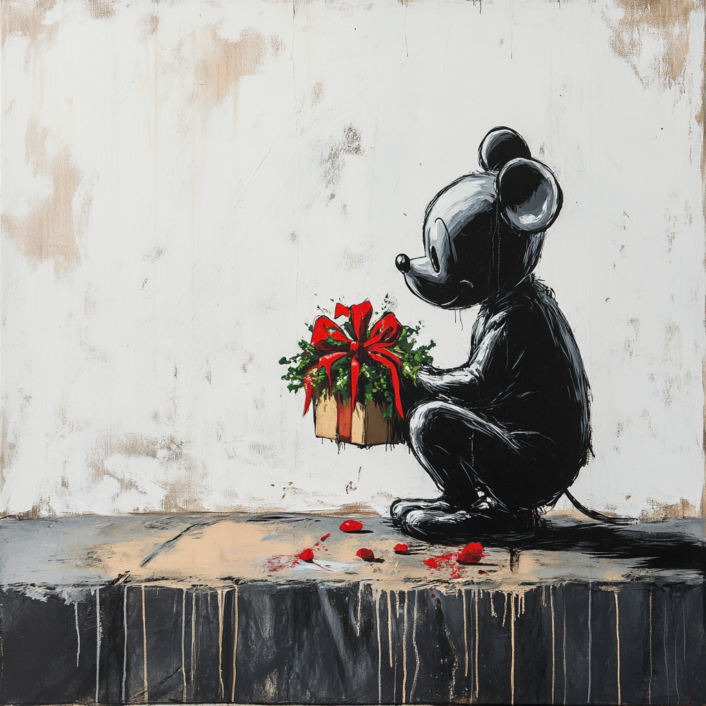 Street-Art mit Mausfigur, die ein Geschenk mit roter Schleife in den Händen hält.
