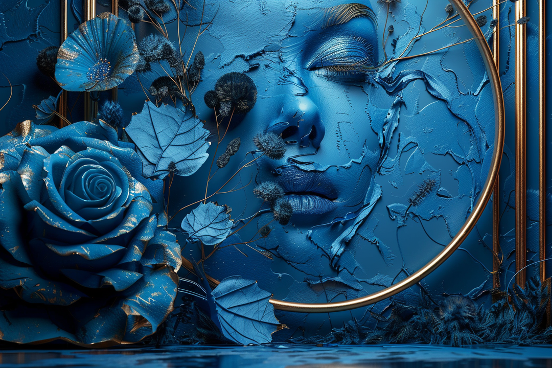 Ein in Blautönen gehaltenes Relief eines weiblichen Gesichts, umgeben von Rosen, Blättern und goldenen Linien, die organisch in die Struktur übergehen.
