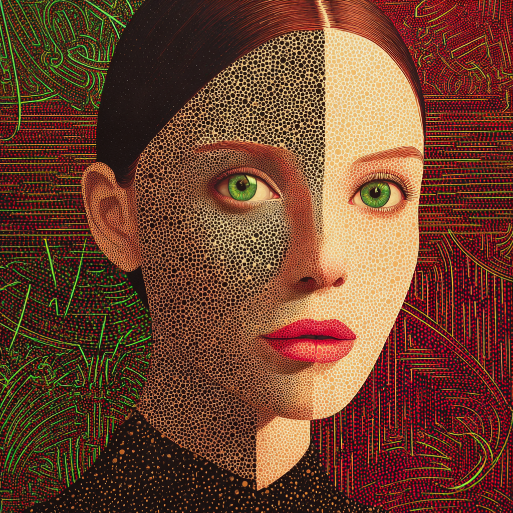 Ein Porträt einer Frau mit leuchtend grünen Augen, deren Gesicht in zwei Hälften geteilt ist – eine Seite dunkel gepunktet, die andere hell – vor einem geometrischen, farbintensiven Hintergrund.
