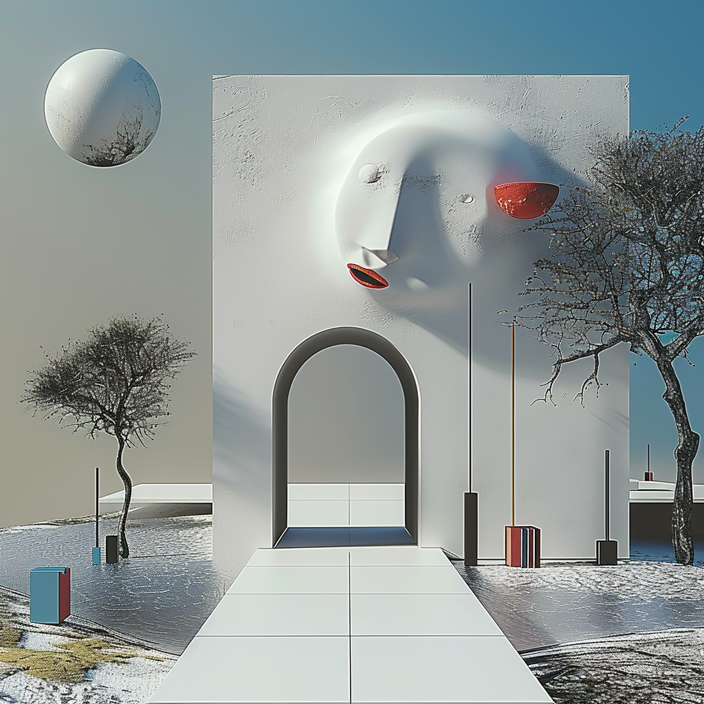Surreales Gebäude mit Gesichtsfassade, Torbogen und schwebender Kugel in winterlicher Landschaft
