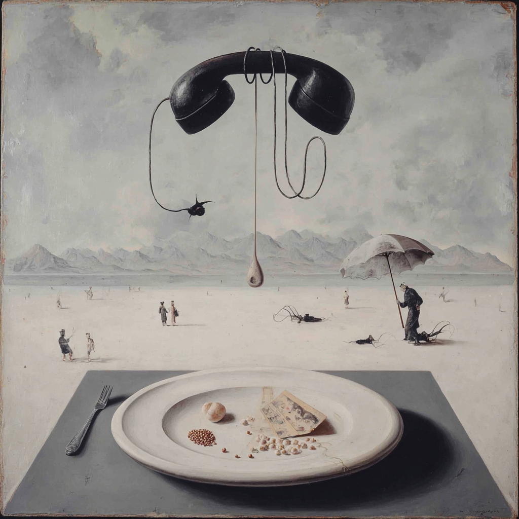 Ein surrealistisches Gemälde zeigt einen alten Telefonhörer, der schwebend über einer weiten, menschenleeren Landschaft hängt, während im Vordergrund ein leerer Teller mit verstreuten Gegenständen liegt.
