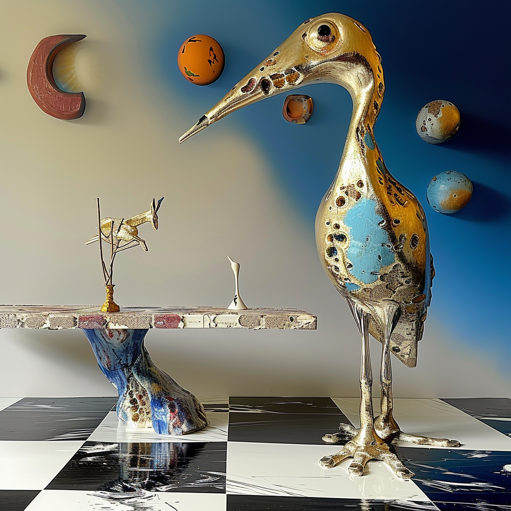 Surreale Szene mit einer großen goldenen Vogelskulptur, einer Tischkonstruktion und schwebenden Planetenkugeln – eine Traumlandschaft zwischen Tier, Objekt und Kosmos.
