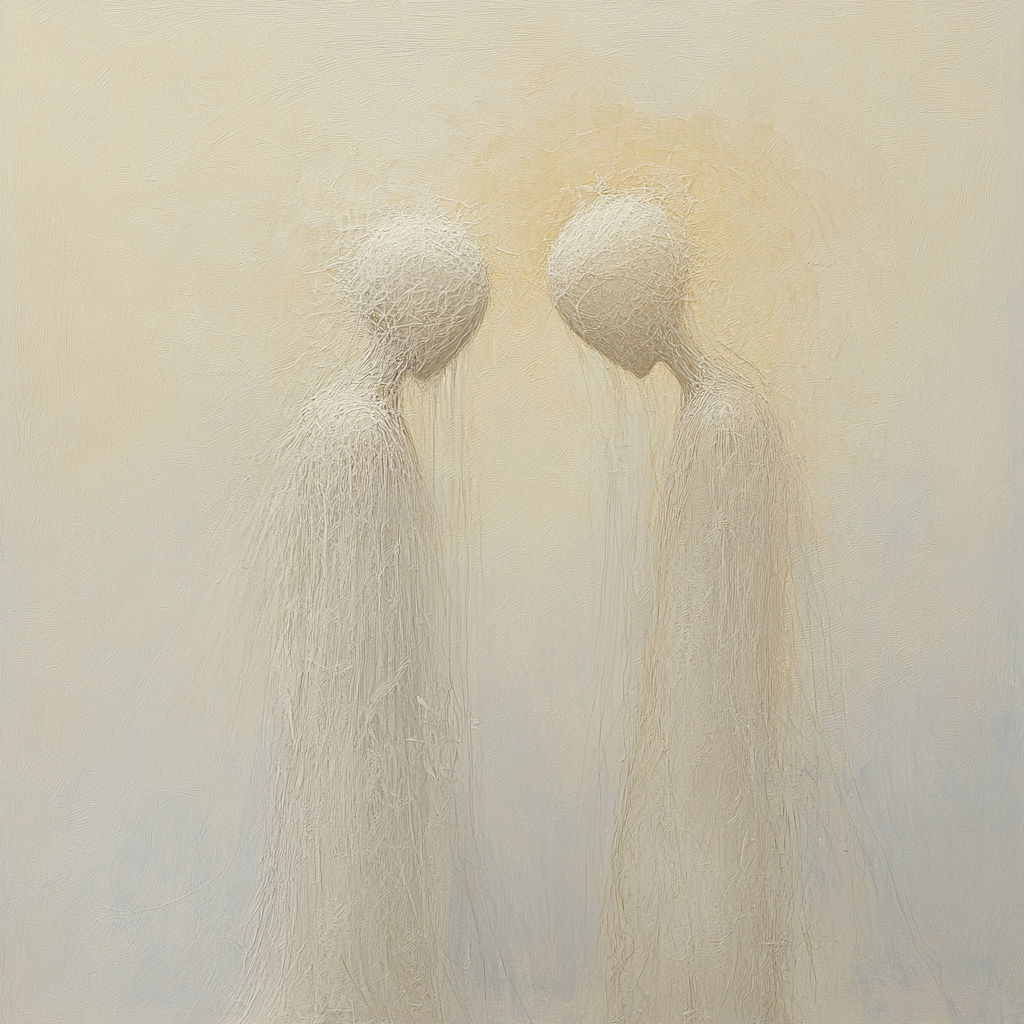 Zwei abstrakte, aus Lichtfäden geformte Gestalten stehen sich gegenüber und berühren sanft ihre Stirnen – ein Symbol für Verbindung, Bewusstsein und spirituelle Einheit.

