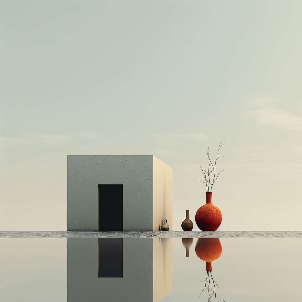 Minimalistische Komposition mit einem würfelförmigen Baukörper und drei Keramikvasen am Rand eines stillen Wasserspiegels – sanftes Licht, klare Linien, ruhige Atmosphäre.
