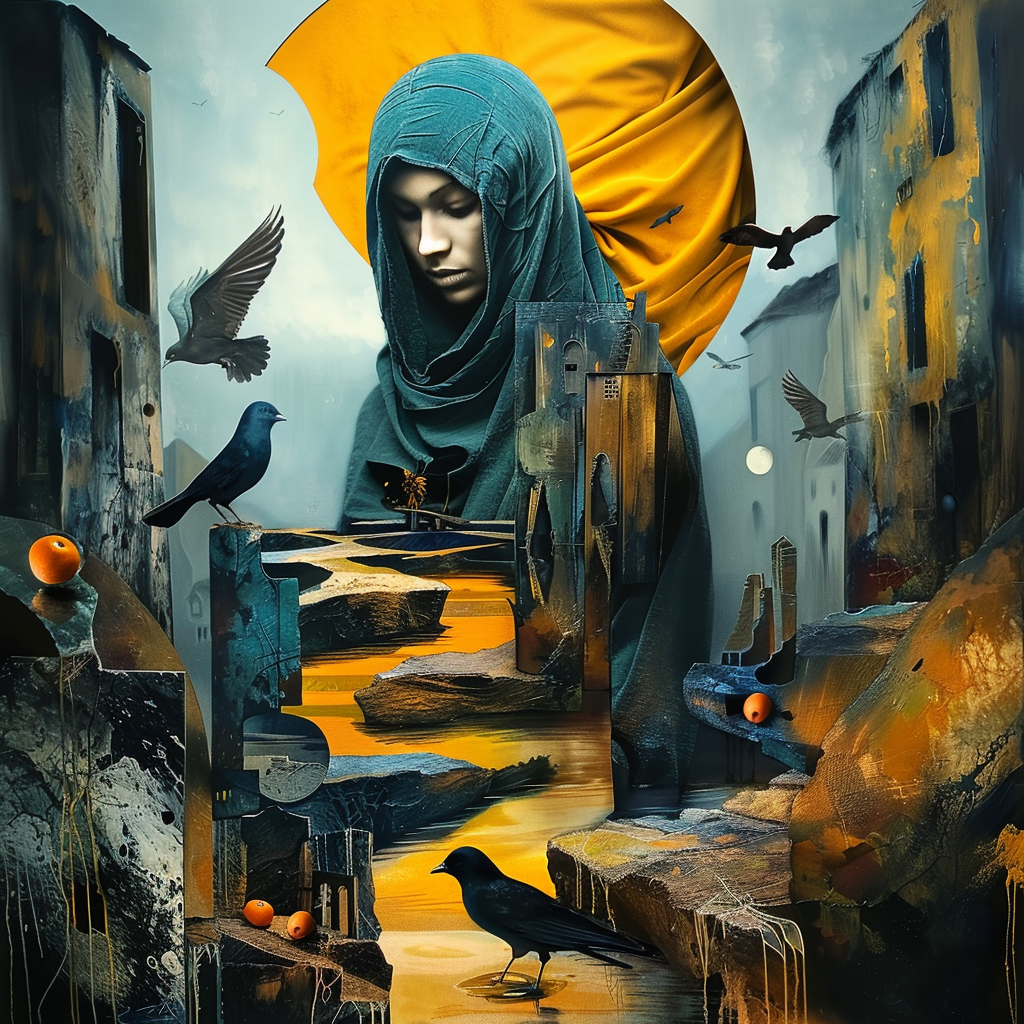 Eine in blauen Stoff gehüllte Gestalt steht zentral vor einem vertikal fließenden Farbverlauf aus Orange, Gelb und Grün. Vor ihr sitzen kleine Vögel in abgestuften Blau- und Gelbtönen in einer Reihe.
