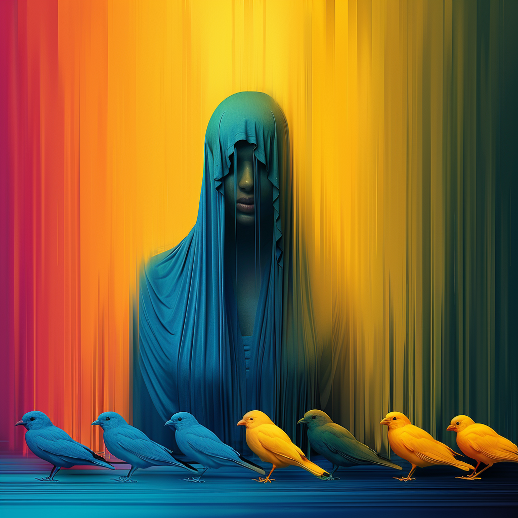 Eine in blauen Stoff gehüllte Gestalt steht zentral vor einem vertikal fließenden Farbverlauf aus Orange, Gelb und Grün. Vor ihr sitzen kleine Vögel in abgestuften Blau- und Gelbtönen in einer Reihe.
