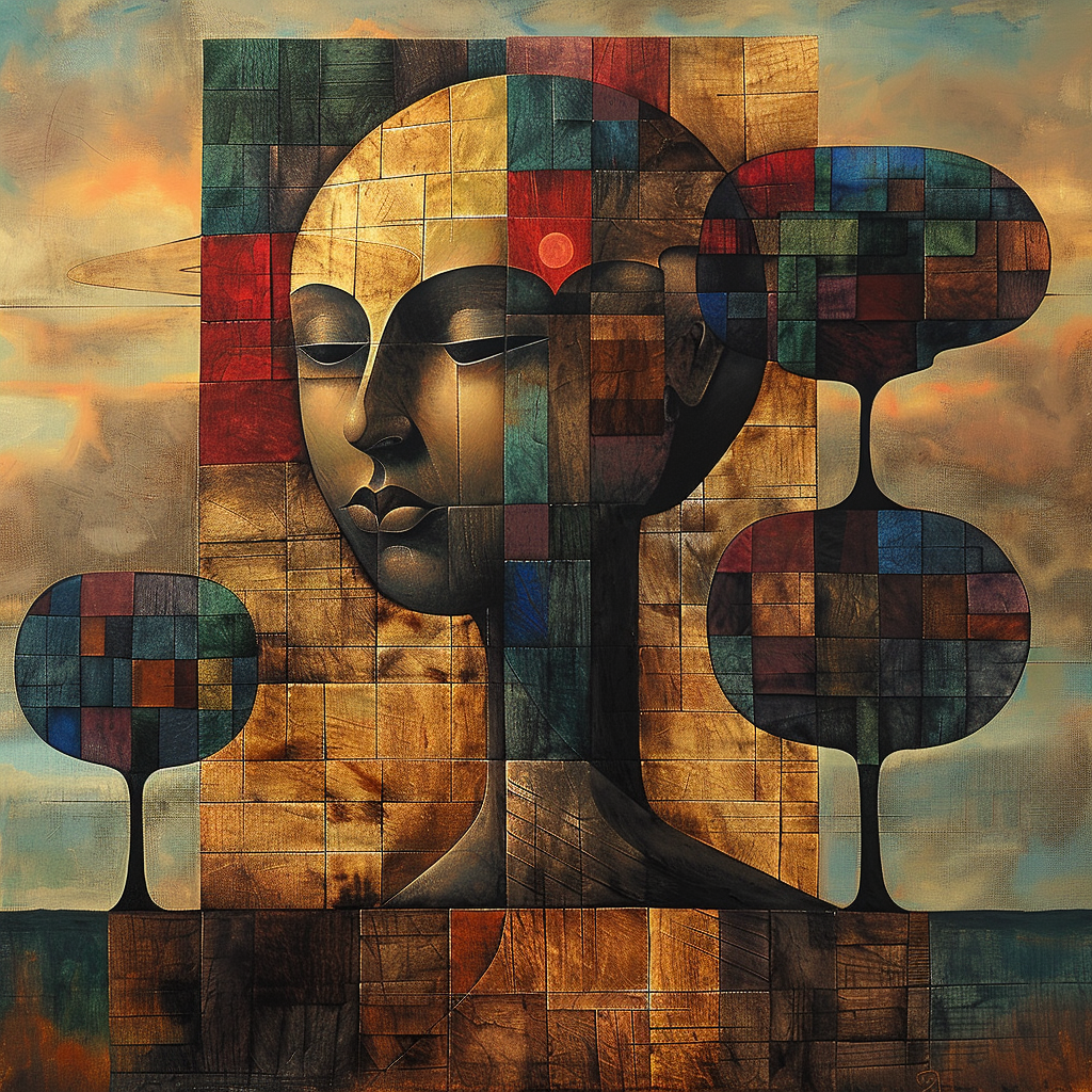 abstraktes porträt mit geometrischen formen in erdtönen und blau
