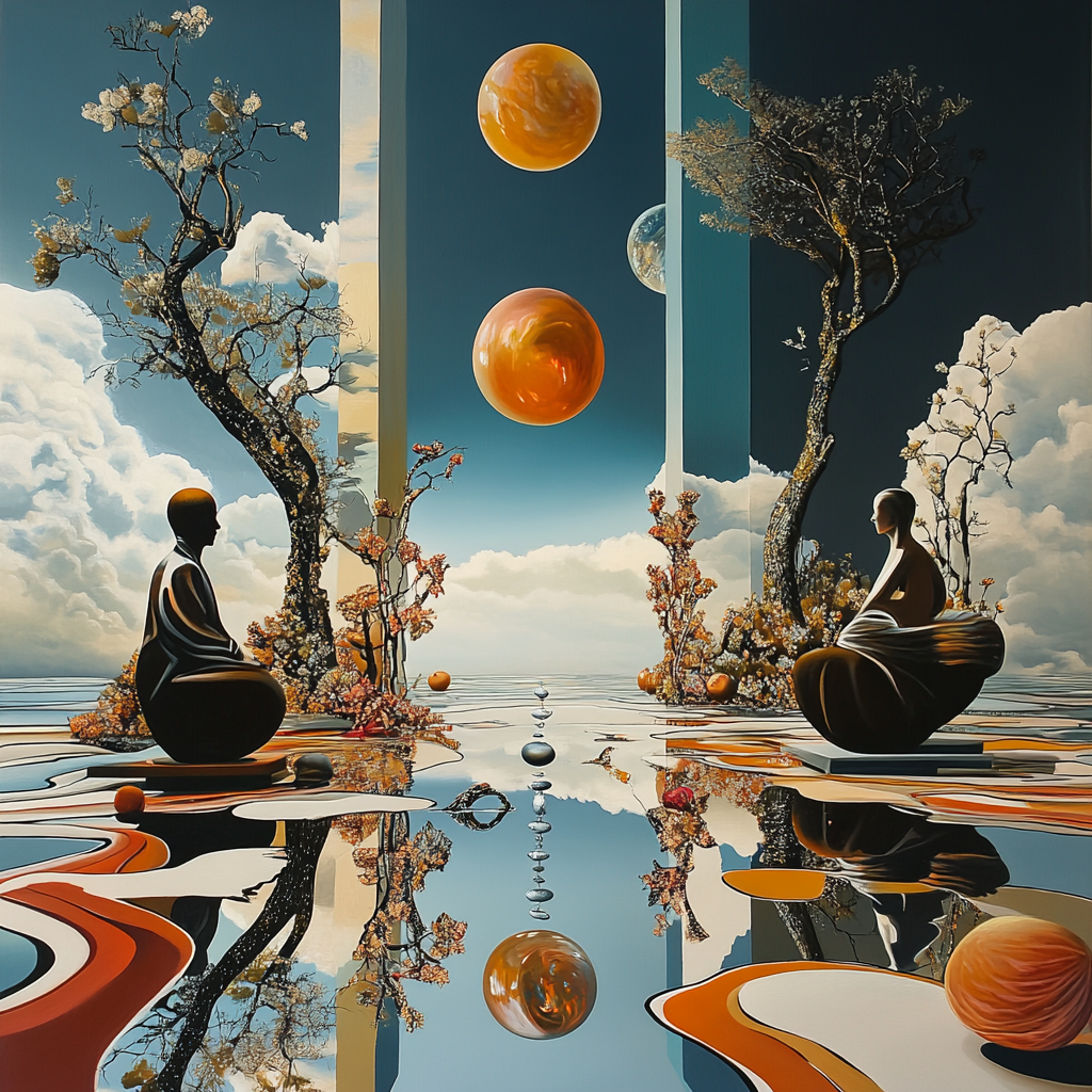 zwei figuren in meditierender haltung zwischen bäumen und schwebenden planeten mit spiegelnder fläche
