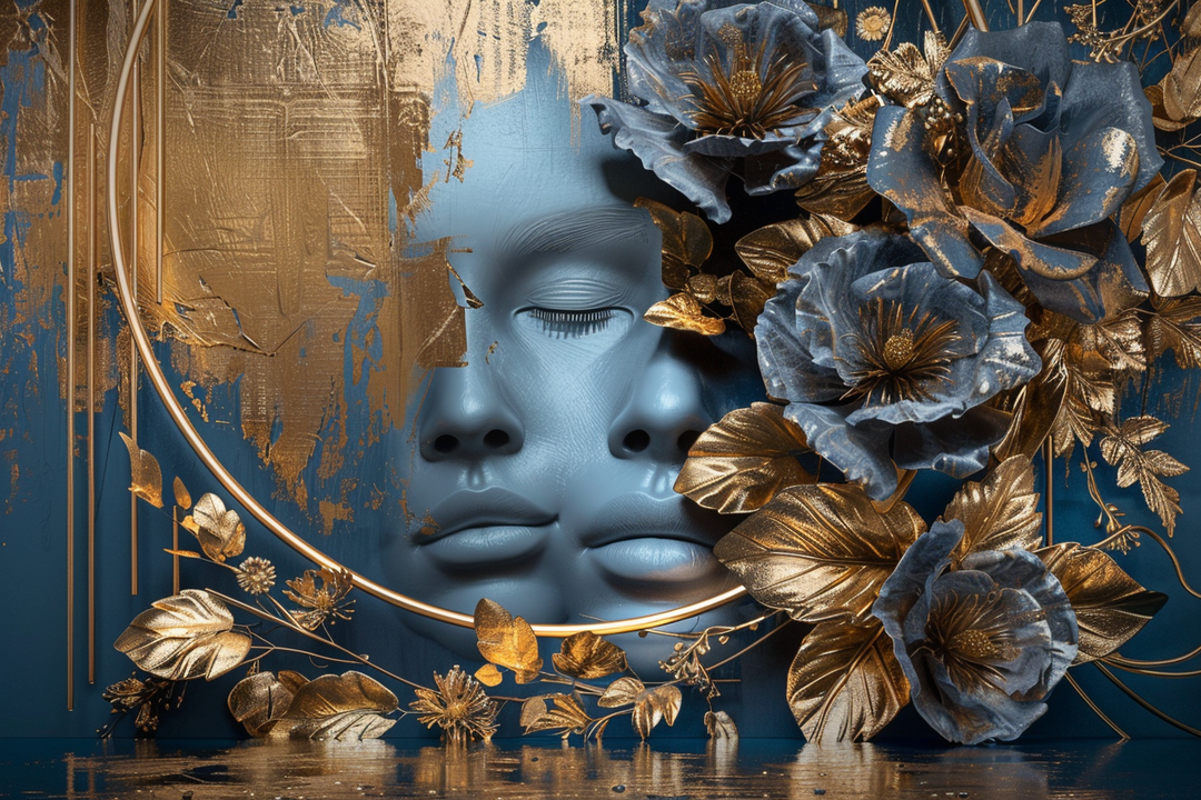 Zwei halb verschmolzene Gesichter aus blauer Materie, umgeben von goldenen und blauen Blüten, Reliefstruktur mit goldenen Akzenten.
