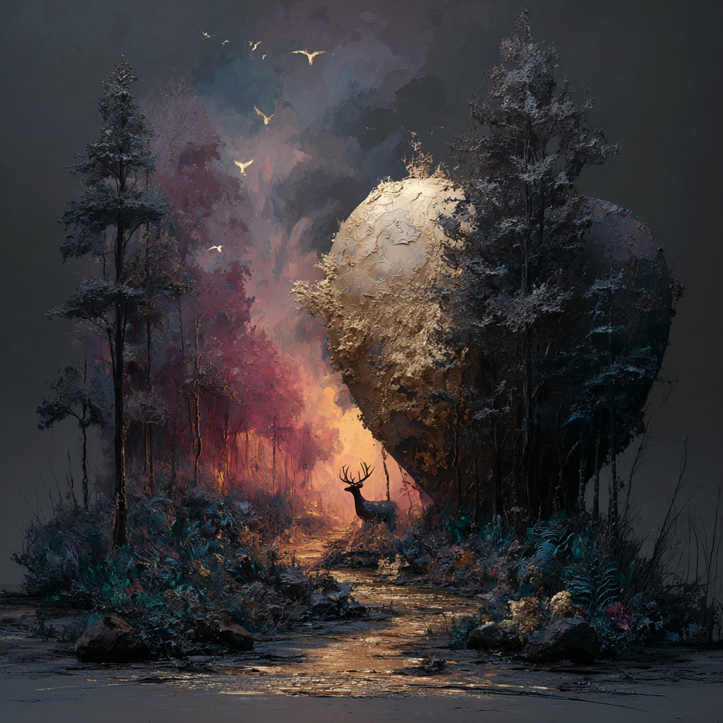 Mystische Waldszene mit Hirsch vor einem goldenen herzförmigen Objekt im warmen Licht.
