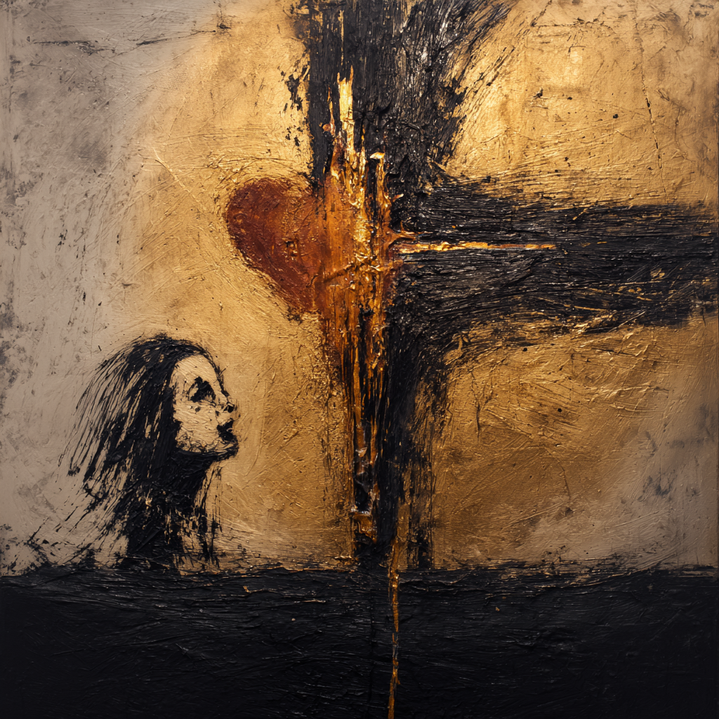 abstraktes gemälde mit kreuz und herz in gold und schwarz
