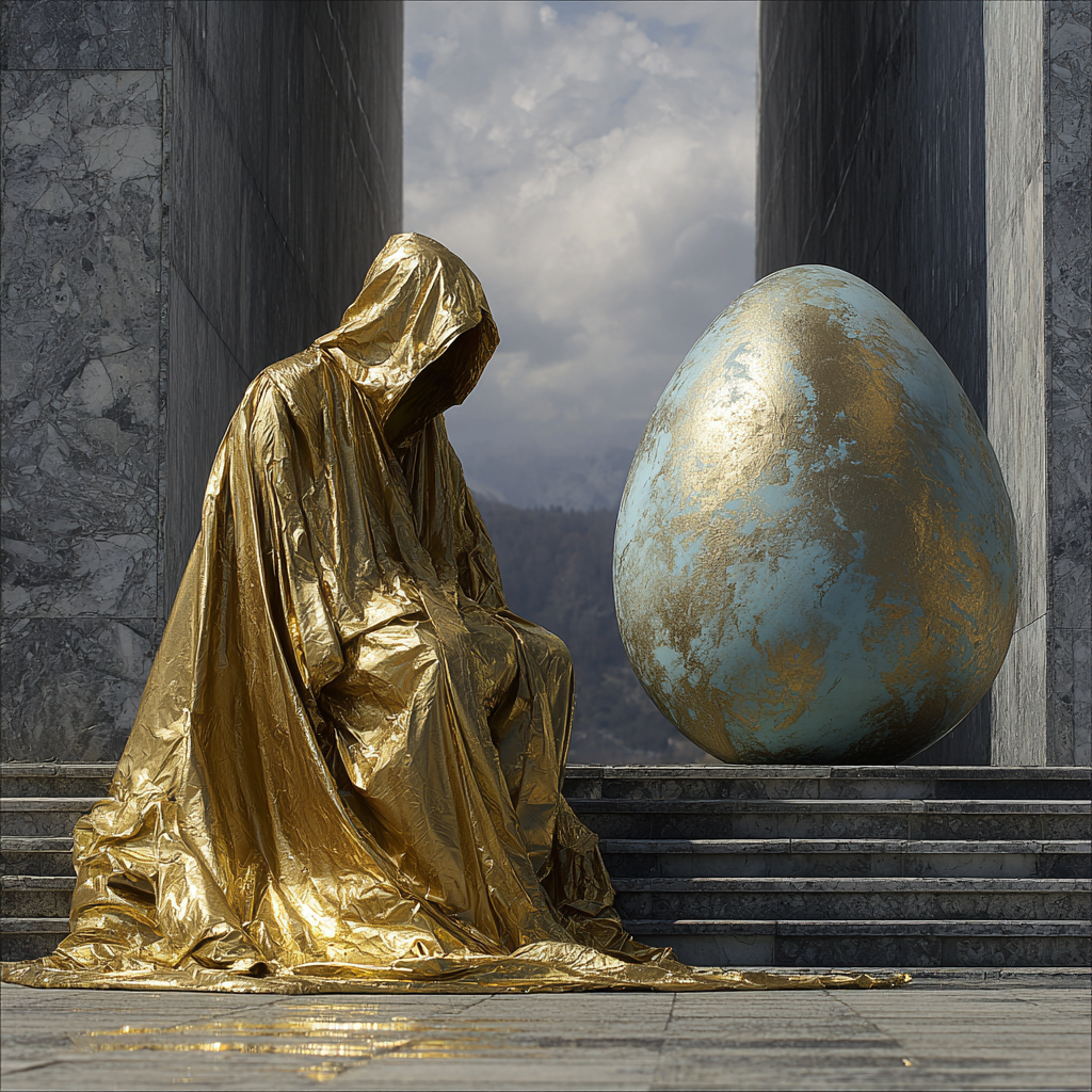 Verhüllte goldene Figur sitzt vor einem großen blau-goldenen Ei in monumentaler Steinarchitektur.

