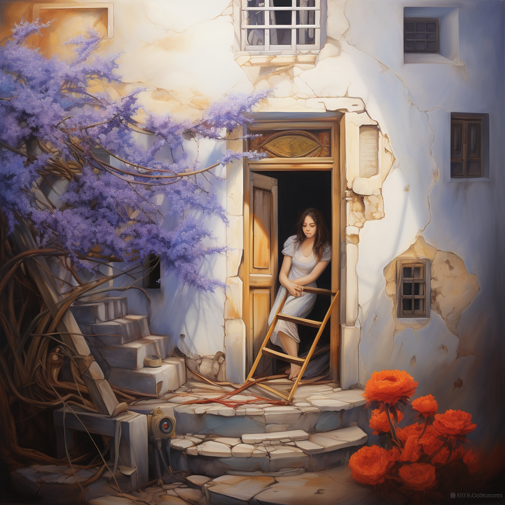 Surreales Gemälde einer Frau im Türrahmen eines alten Hauses, umgeben von lilafarbenen Blüten und orangefarbenen Blumen, mit einer Atmosphäre stiller Nostalgie.
