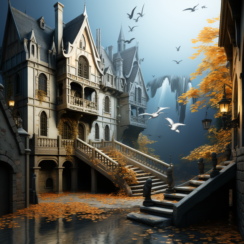 Mystisches Herrenhaus mit herbstlichen Blättern, umgeben von Vögeln und Wasserfall – eine surreale, poetische Szene zwischen Licht und Schatten.
