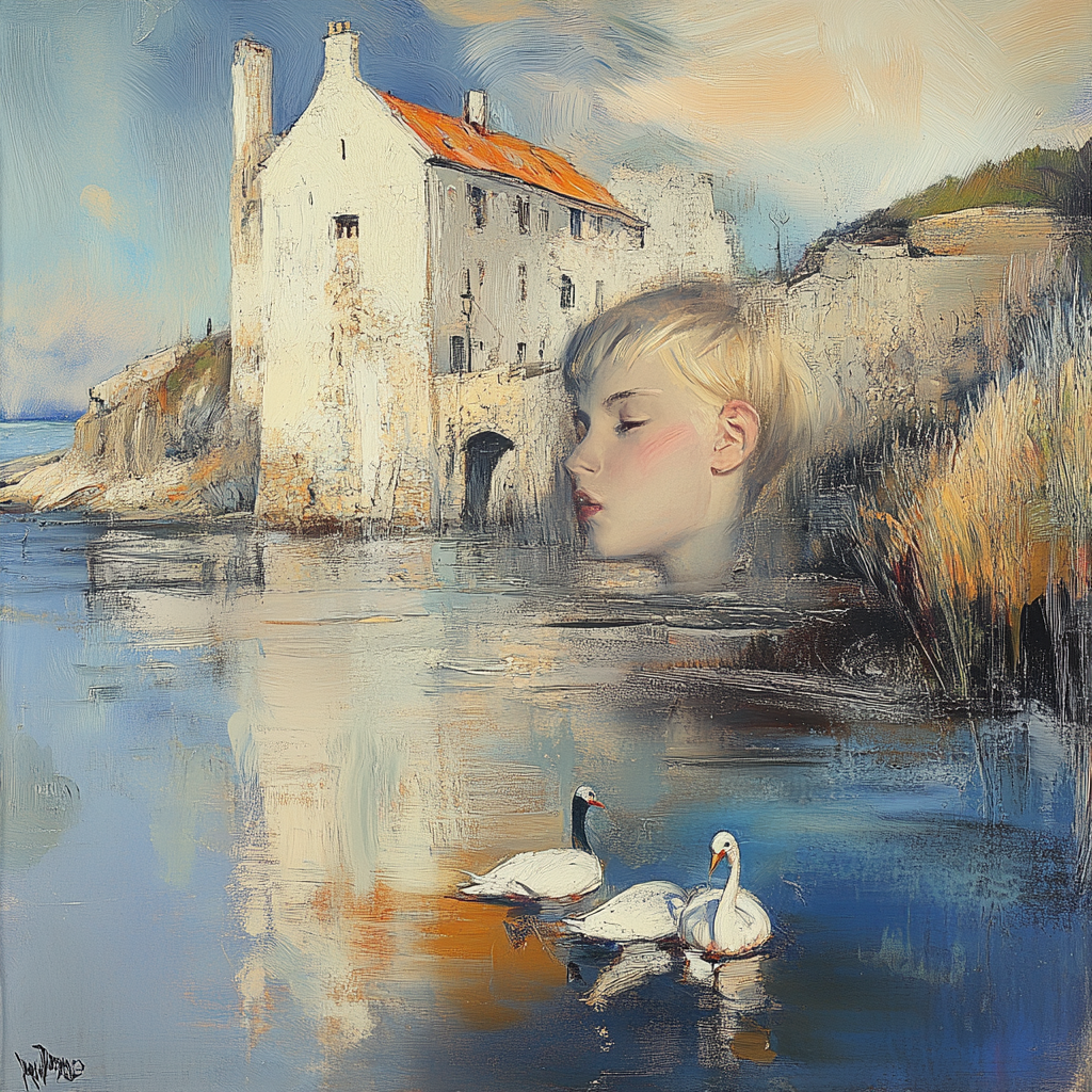 Surreales Gemälde mit einem alten Haus am Wasser, einem schwebenden Frauenporträt und zwei Schwänen – eine ruhige, träumerische Szene zwischen Erinnerung und Natur.
