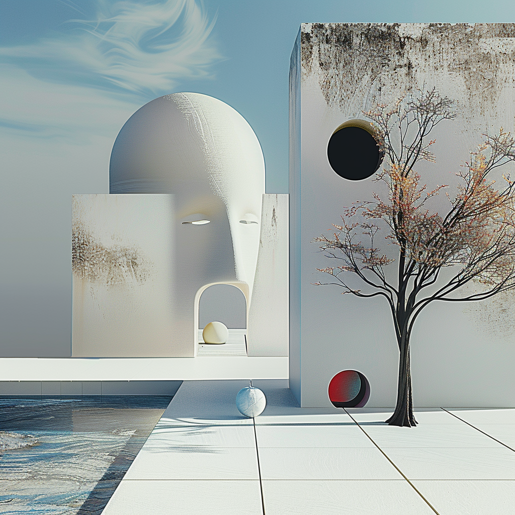Surreale Architektur mit Gesichtsfassade, Baum und geometrischen Formen in heller Landschaft

