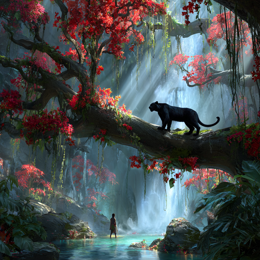 Fantasievolle Dschungelszene mit einer schwarzen Pantherin auf einem Ast über einem Wasserfall, während eine Person unten im klaren Wasser steht – leuchtende Farben und mystische Atmosphäre.
