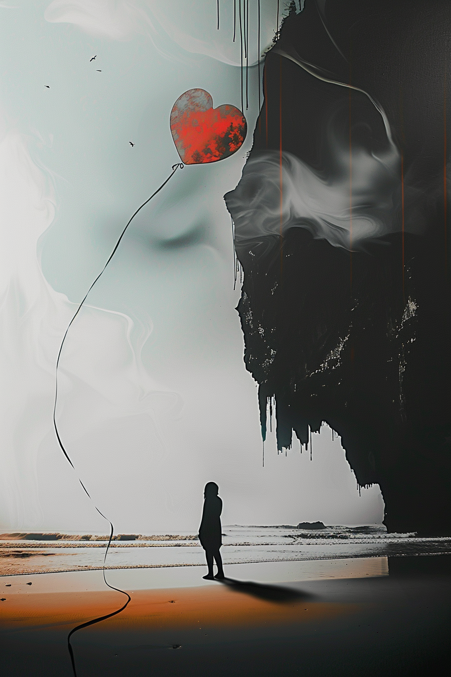 Silhouette eines Menschen am Strand mit rotem Herzballon vor einer düsteren Felswand
