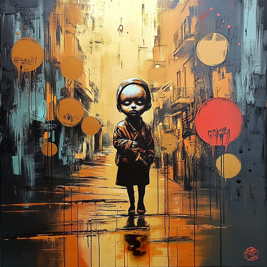 Ein Kind mit geschlossenen Augen steht in einer surreal erleuchteten Stadtstraße, umgeben von goldenen und roten Kreisen – ein Sinnbild für Erinnerung, Einsamkeit und Unschuld im Wandel.
