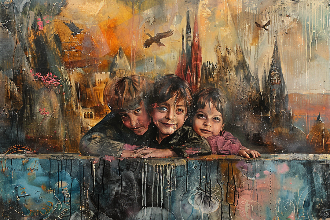 Drei Kinder lehnen über eine verwitterte Mauer und lächeln den Betrachter an. Hinter ihnen erhebt sich eine märchenhafte Stadt mit Türmen, Vögeln und goldenem Licht. Die Szene verbindet Realismus mit Fantasie, Wärme und Nostalgie.
