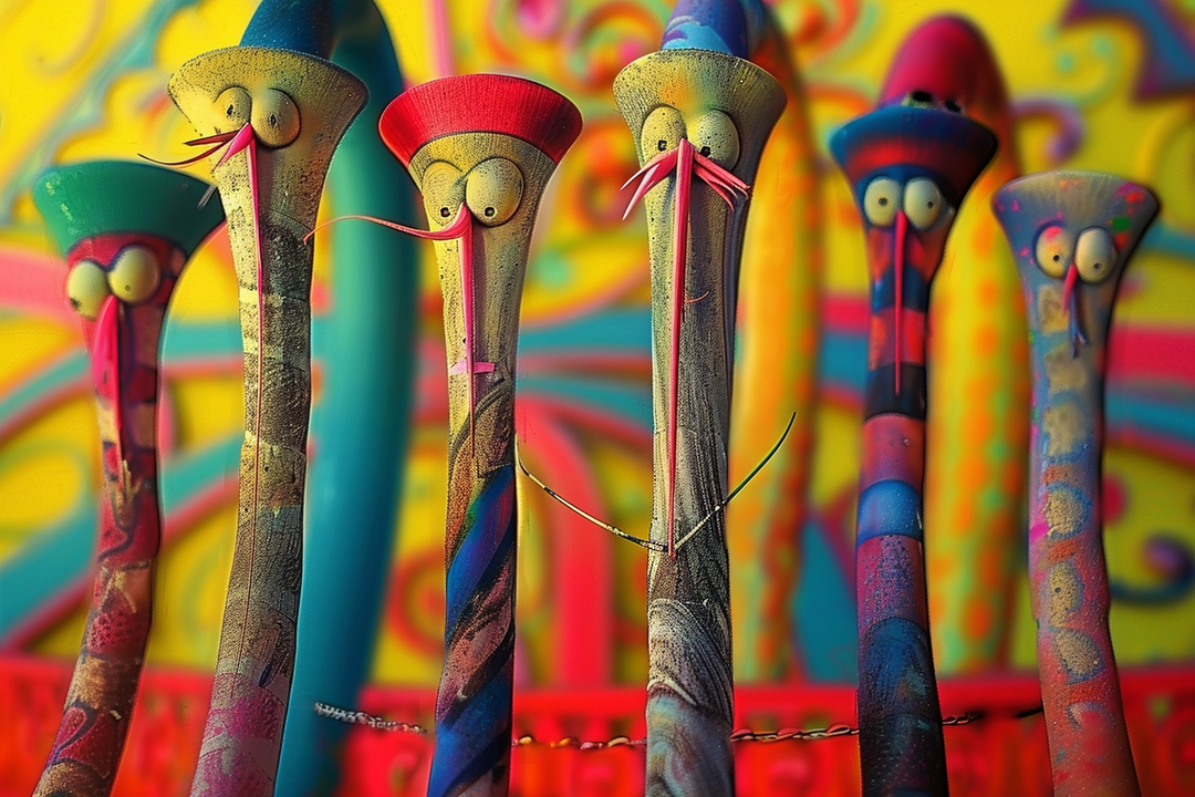 Bunte, langgestreckte Figuren mit humorvollen Gesichtern und spitzen Hüten vor einem farbenreichen, abstrakten Hintergrund; ein surrealer, verspielter Stil zwischen Komik und Kunstfigur.

