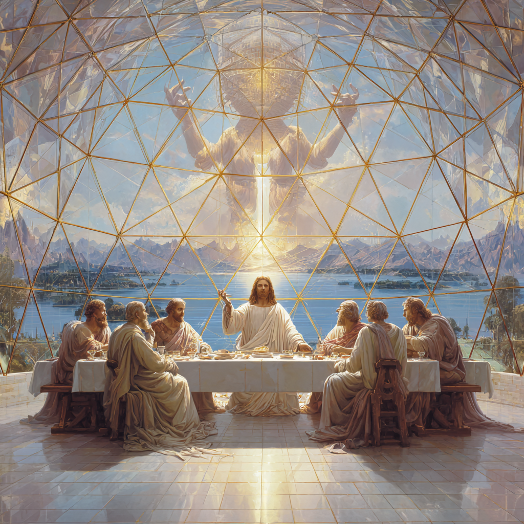 Ein modernes, spirituelles Gemälde zeigt das letzte Abendmahl in einer futuristischen Glaskuppel mit geometrischen Linien, durch die himmlisches Licht auf Jesus und seine Jünger fällt.
