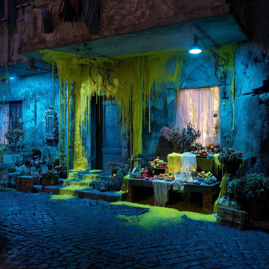 surrealer marktstand mit gelbem licht und früchten in dunkler gasse
