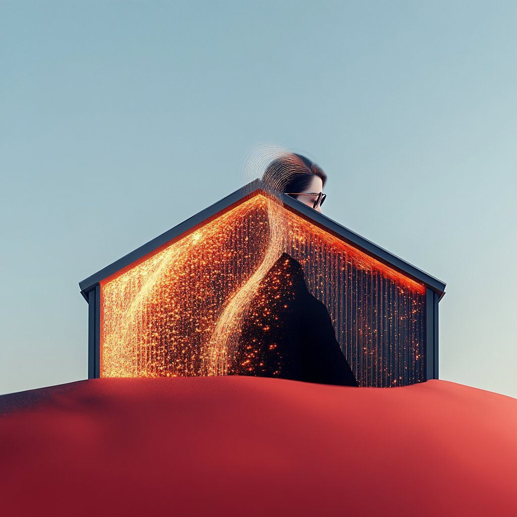 frau im modernen haus mit digitalem lichtfluss und glühenden partikeln
