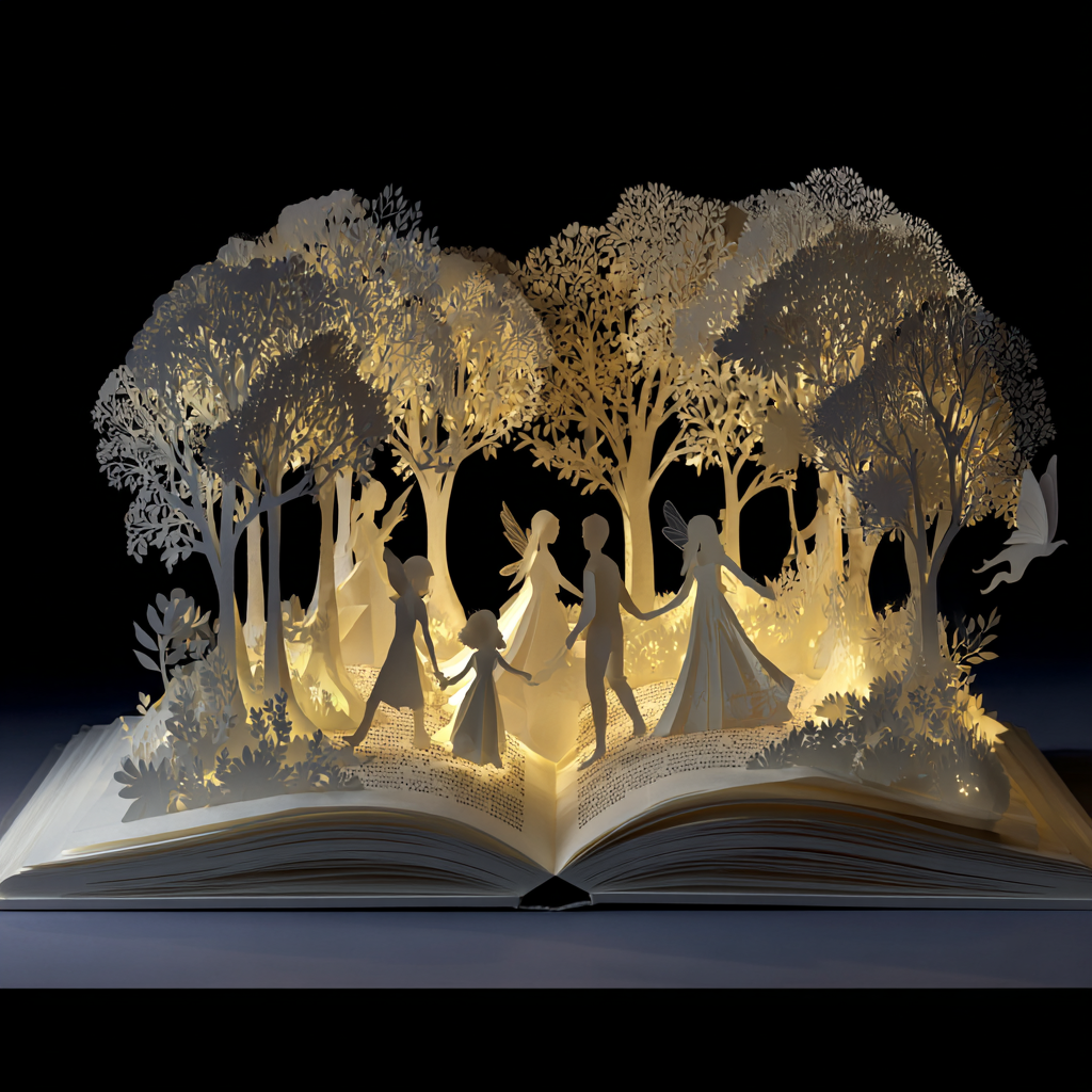 Papierkunst-Szene mit beleuchtetem, geöffnetem Buch, aus dem Figuren und Bäume wie aus einem Märchenwald emporsteigen.

