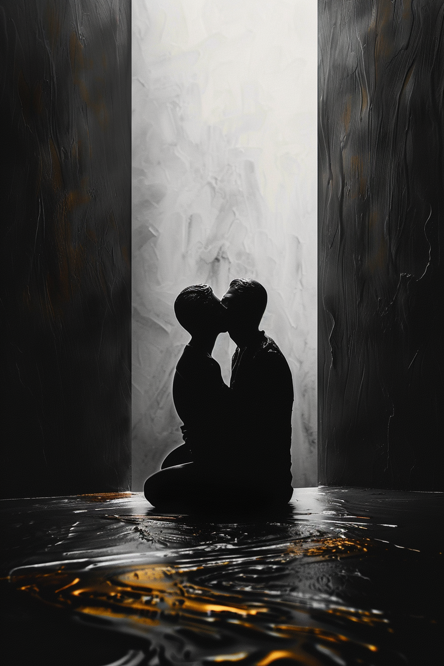 zwei silhouettenfiguren küssen sich im licht
