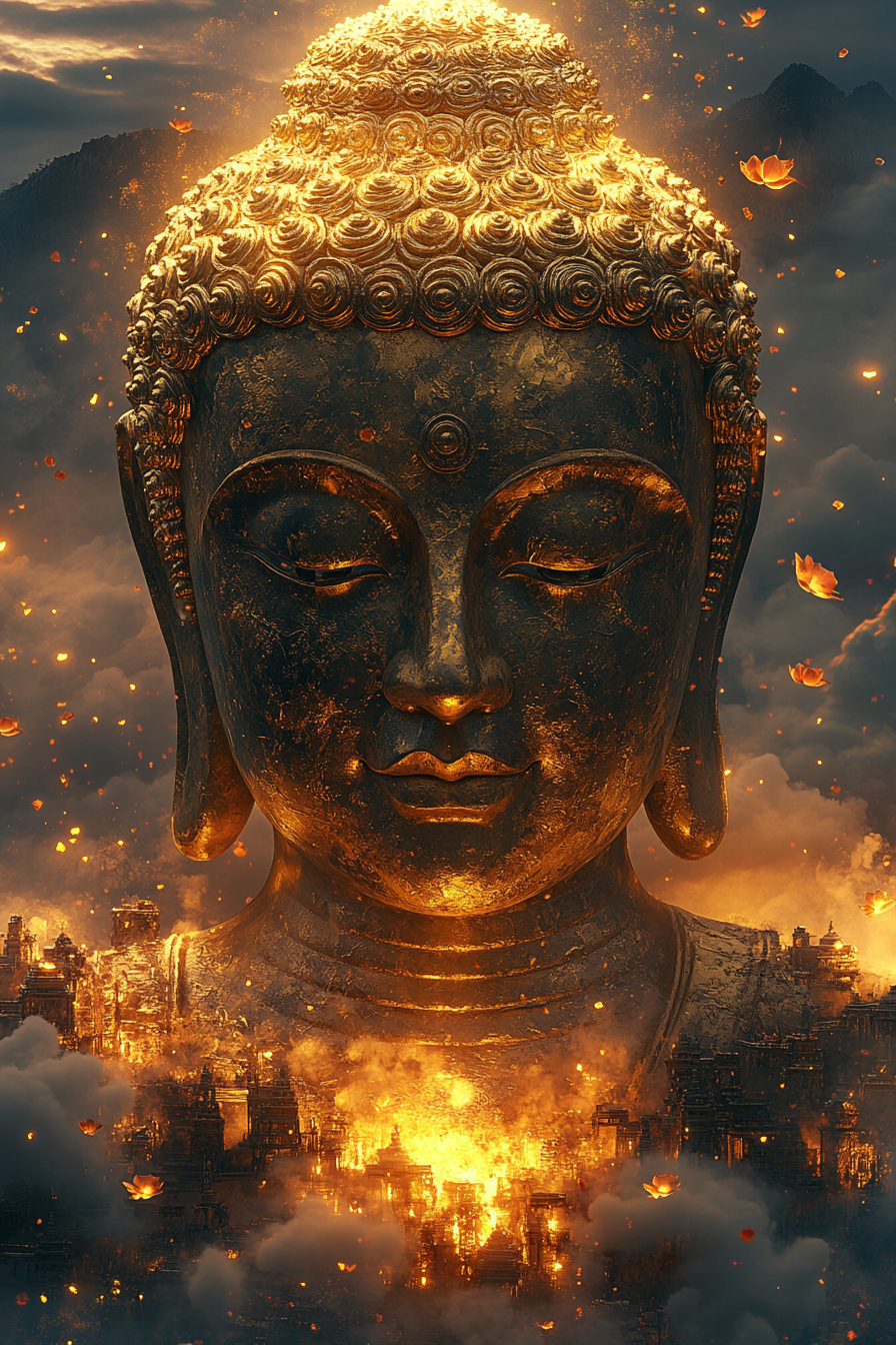 Eine goldene Buddha-Statue erhebt sich über eine brennende Stadt, deren Flammen und Rauch sich in den goldenen Oberflächen widerspiegeln. Ein dramatisches, spirituell aufgeladenes Motiv voller Licht und Dunkelheit.
