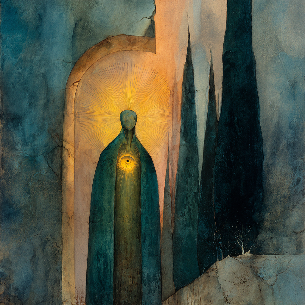 figur mit leuchtendem herz in blauem gewand vor goldener aura
