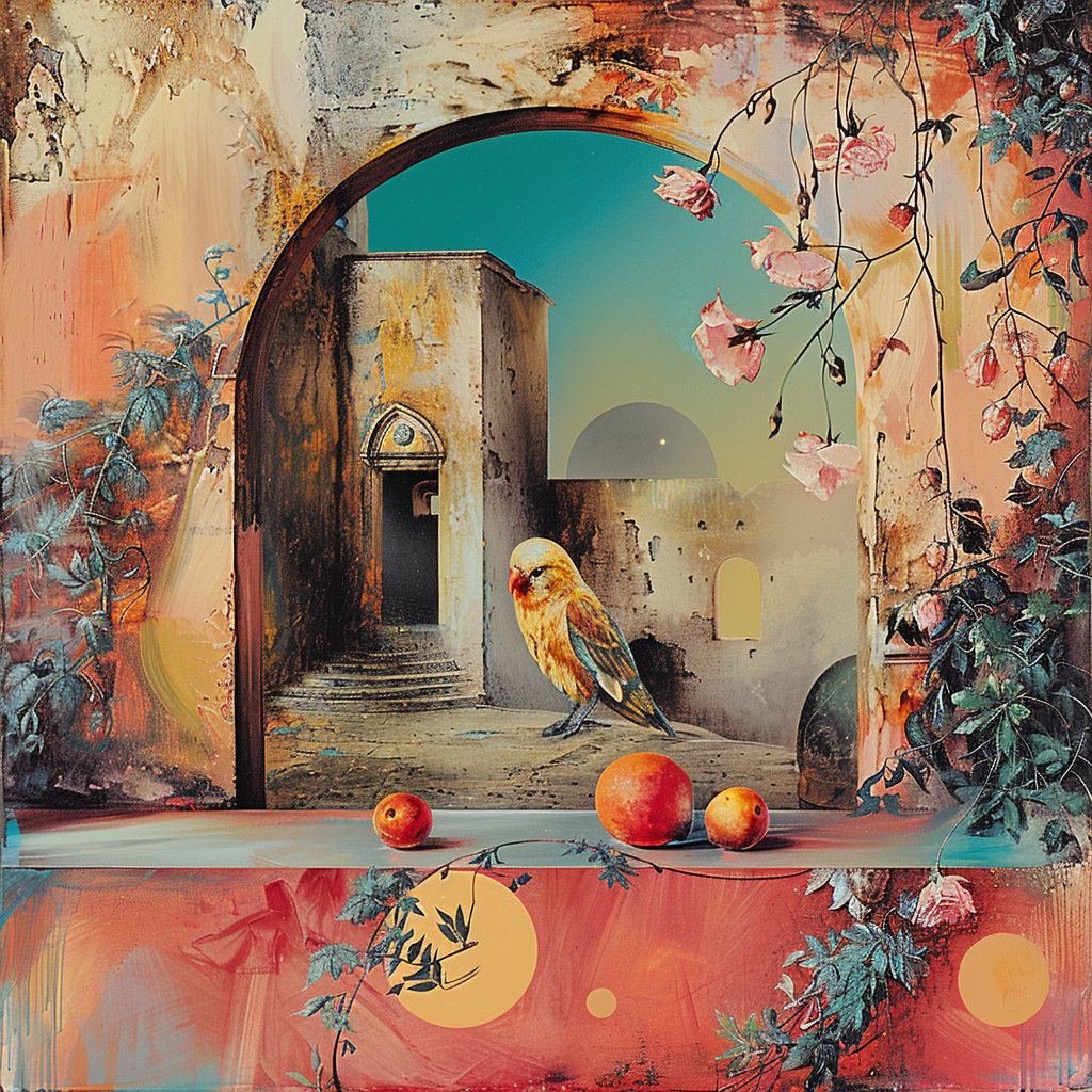 Ein surrealistisches Gemälde zeigt einen kleinen Vogel vor einer alten Mauer und einem Torbogen, umgeben von Pfirsichen, Rosenranken und warmen, mediterranen Farben.
