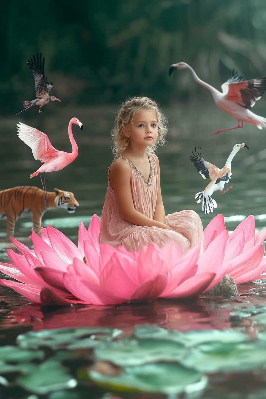 maedchen sitzt auf rosa lotusbluete mit voegeln und tiger im wasser
