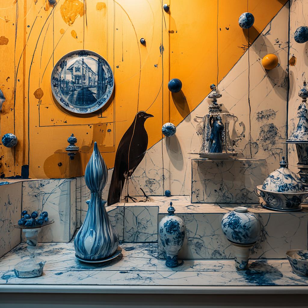 Künstlerische Stillleben-Installation aus blau-weißem Porzellan vor einer orangefarbenen Wand mit einem gemalten schwarzen Raben und geometrischen Linien – eine poetische Verbindung von Objekt, Symbol und Raum.
