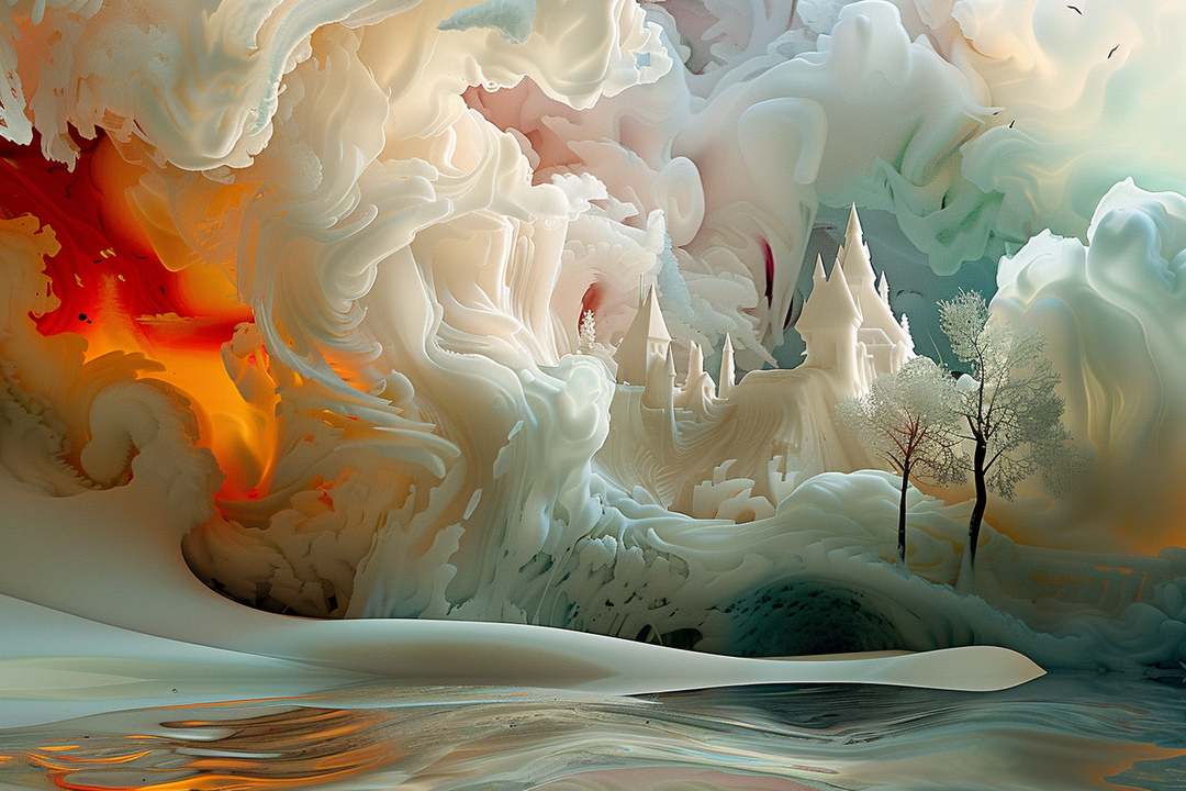 Surreale Landschaft mit einem schimmernden Schloss aus Licht und Nebel. Weiche, fließende Strukturen in Weiß, Gold und Rot formen eine Traumwelt zwischen Eis und Feuer – ein Ort aus Fantasie und Schweigen.
