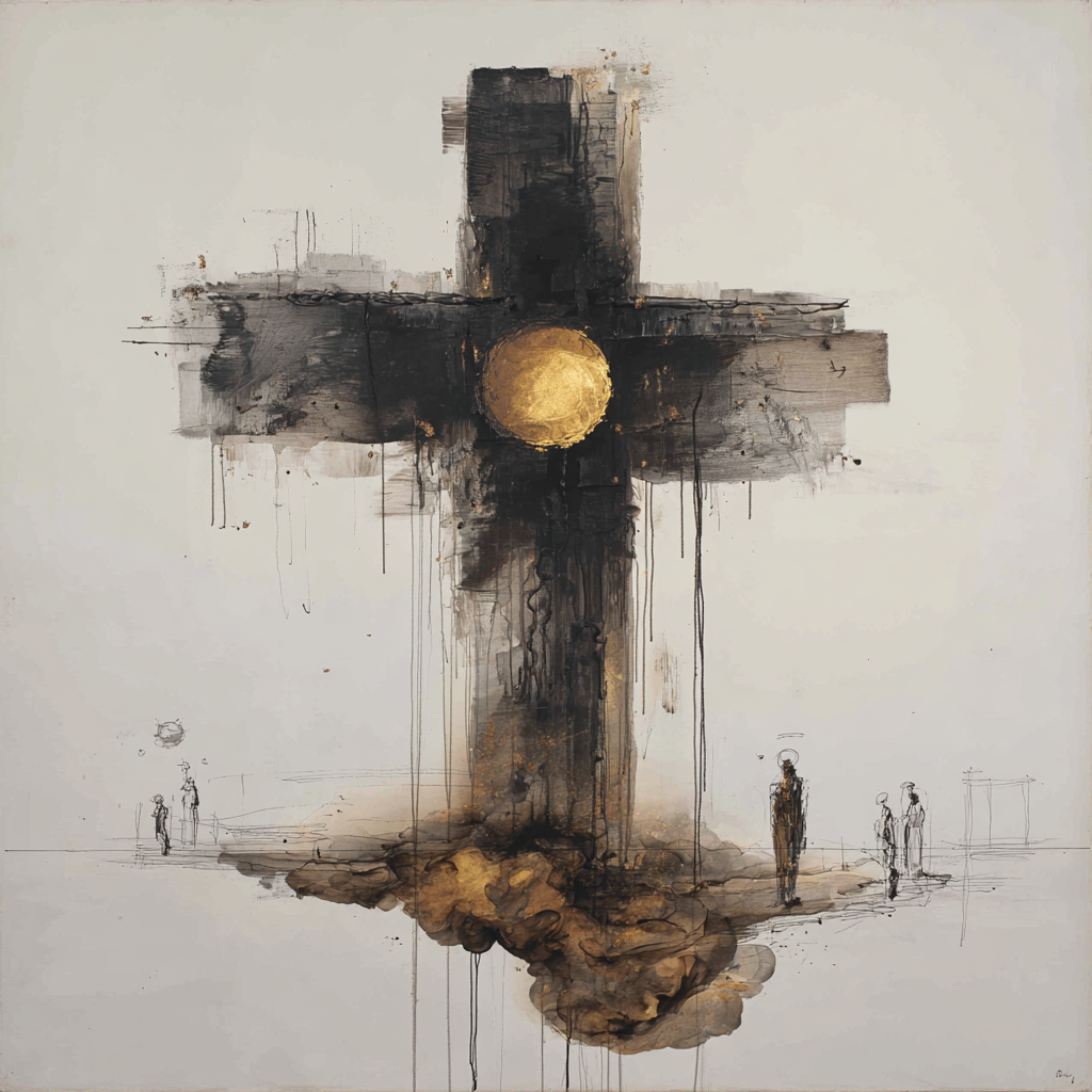 Abstraktes schwarzes Kreuz auf hellem Hintergrund mit goldener Scheibe im Zentrum, umgeben von dezenten menschlichen Figuren und Spuren von Farbe und Rauch.
