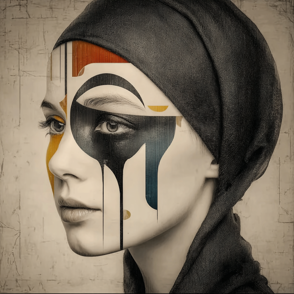 Porträt einer Frau mit geometrischen und abstrakten Farbmustern im Gesicht, das Stille, Stärke und moderne Ästhetik vereint.
