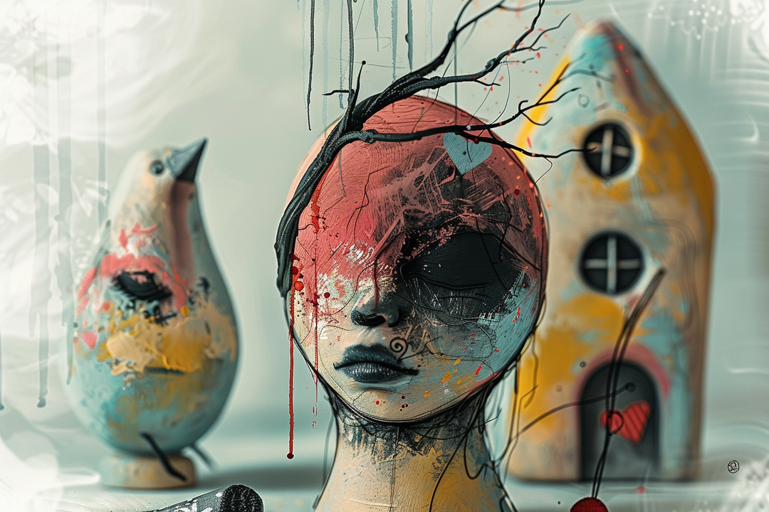 Surreales Porträt einer Frau mit bemaltem, gespaltenem Kopf und abstrakten Vögeln im Hintergrund – Symbol für Verlust, Erinnerung und emotionale Isolation.
