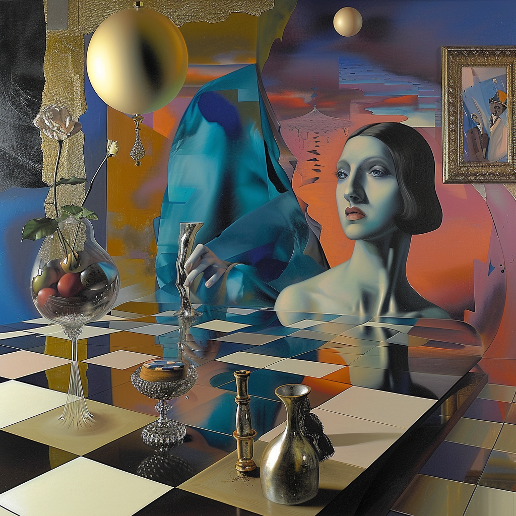 Surreales Porträt einer Frau vor einem Schachbrett aus Licht und Reflexionen, mit Vasen, Kugeln und goldenen Objekten – Symbol für Wahrnehmung, Illusion und Schönheit.
