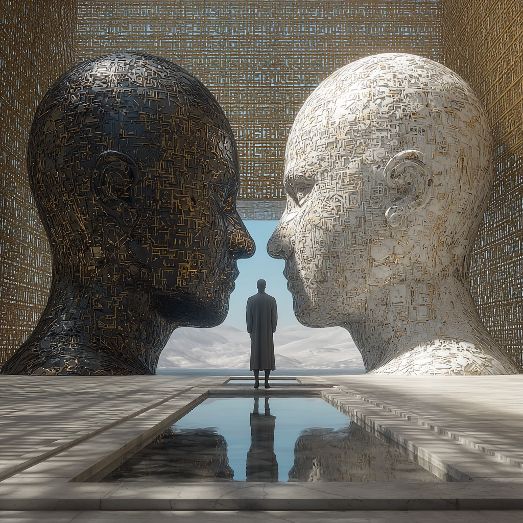 Zwei riesige helle und dunkle Köpfe mit goldenen Mustern stehen sich gegenüber, eine Figur steht dazwischen vor einem reflektierenden Wasserbecken in futuristischer Architektur.
