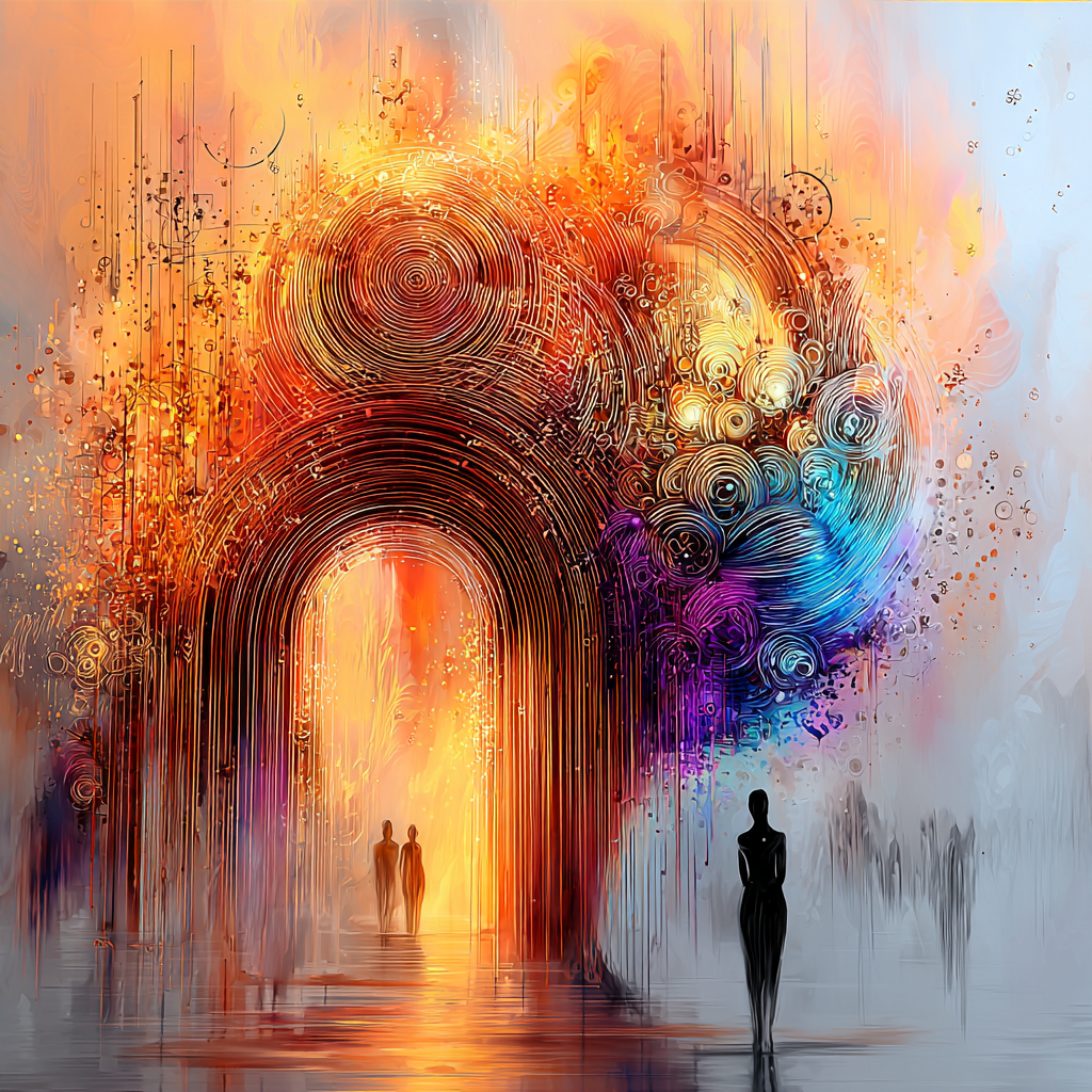 abstraktes kunstwerk mit spiralförmigem torbogen aus farben und menschenfiguren
