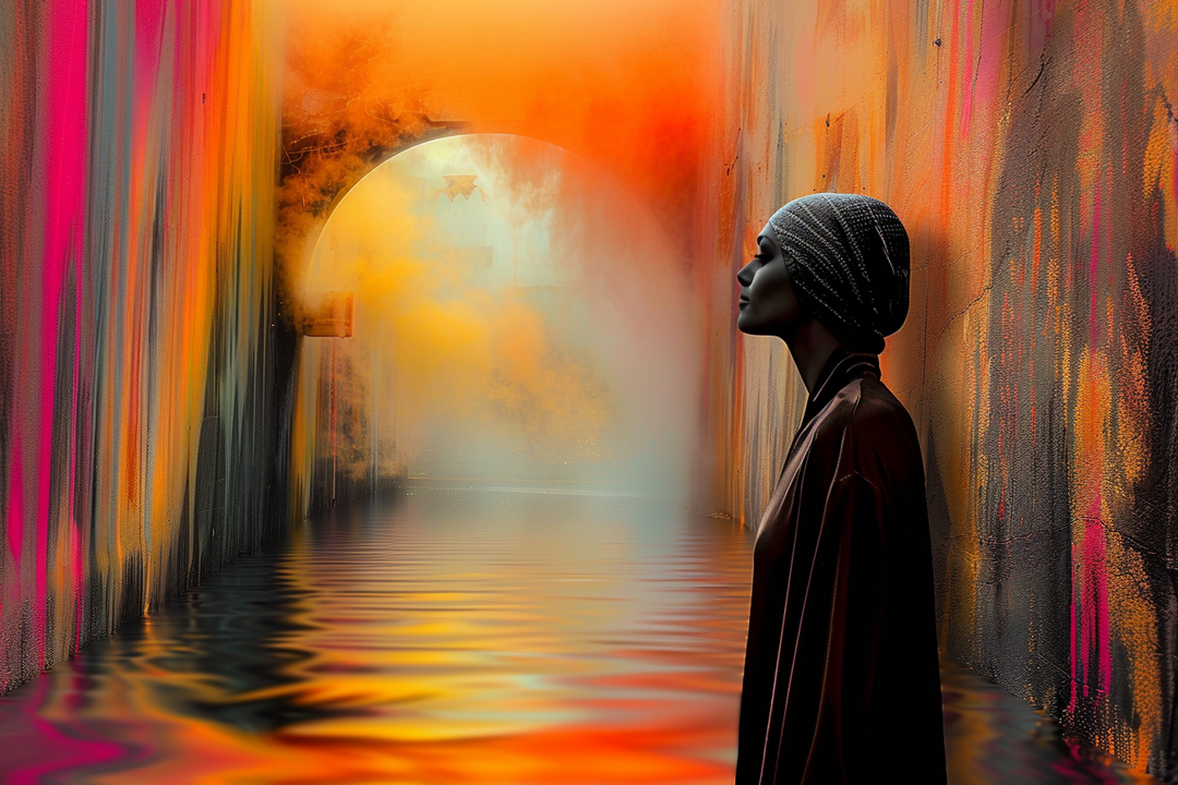 Eine Person mit Kopfbedeckung steht in einem schmalen, farbintensiven Gang aus Orange-, Rot- und Gelbtönen, während im Hintergrund ein Tor aus Licht und Nebel über einem Wasserreflex erscheint.
