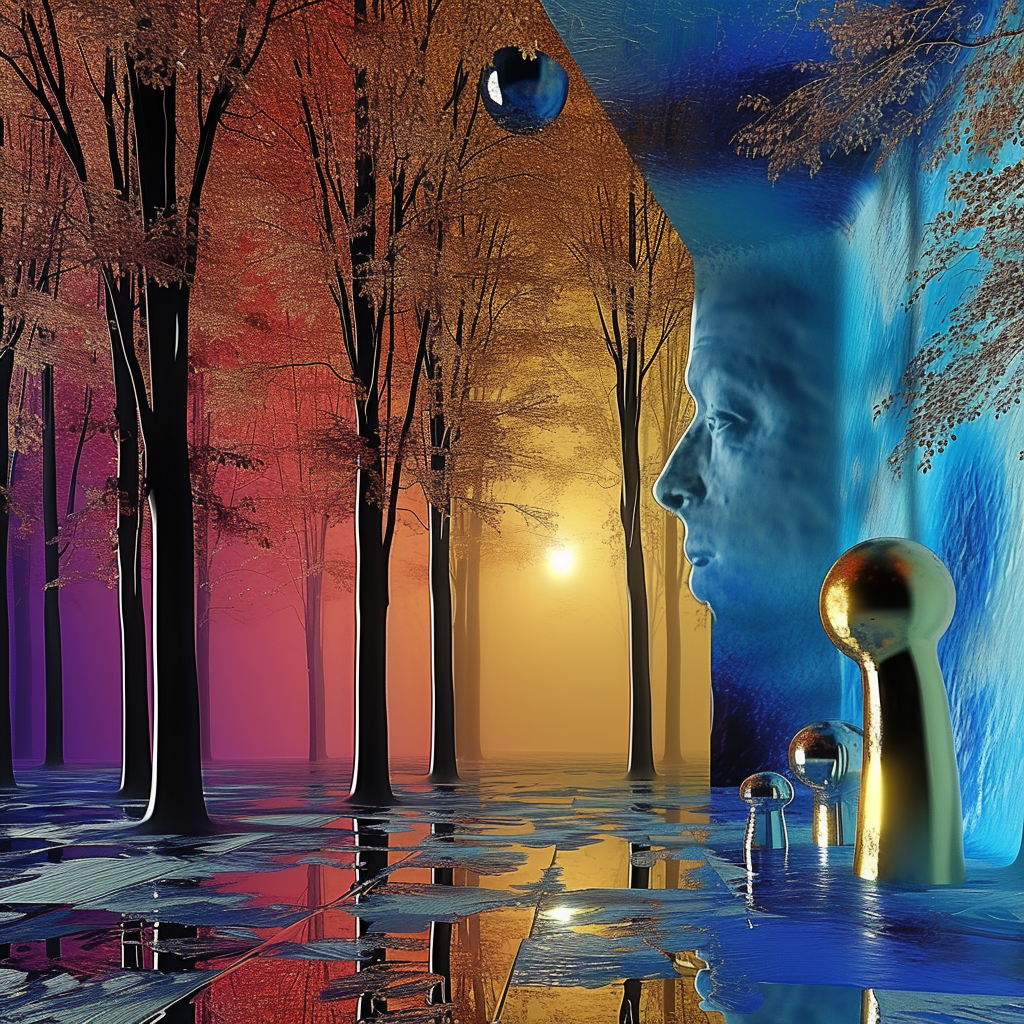 Surreale Landschaft mit leuchtendem Wald, einem großen Gesicht in einer blauen Wand und goldenen Kugeln – ein Tor zwischen Traum, Bewusstsein und Natur.
