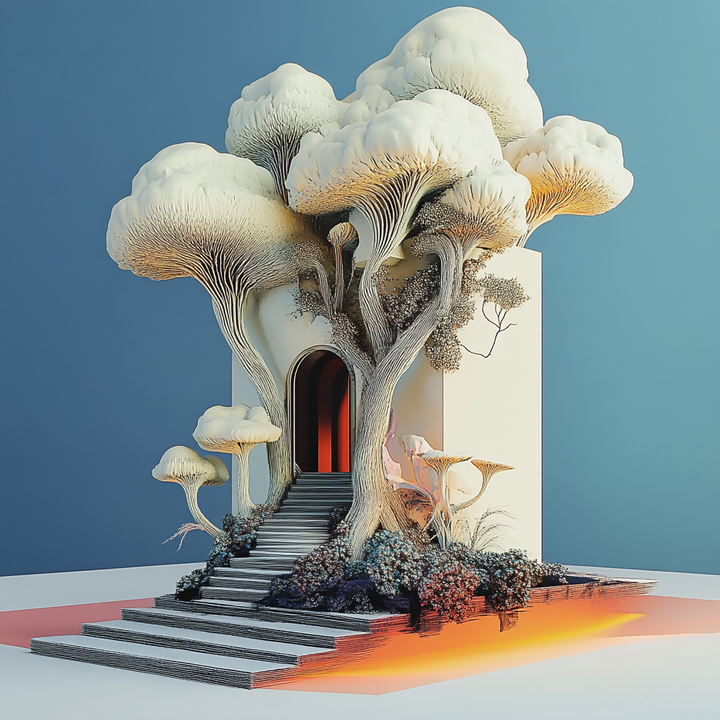 Surreale Architektur mit Bäumen, die aus einem Torbogen wachsen
