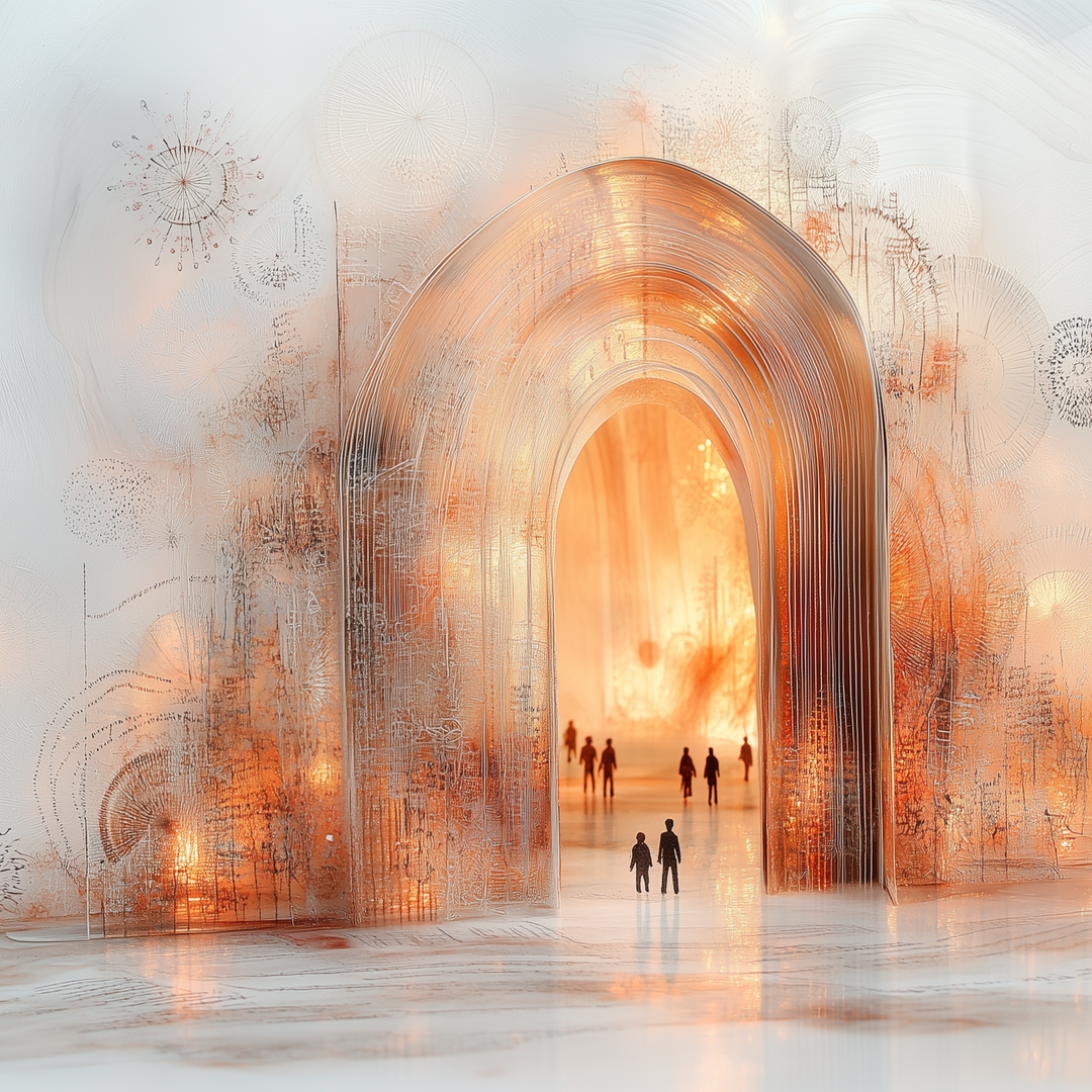 lichtdurchfluteter torbogen mit menschen in goldener architektur
