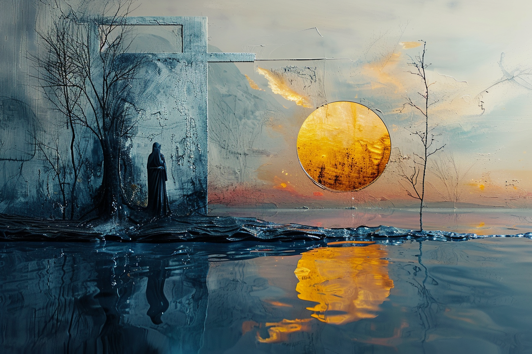 Atmosphärische Szene mit einer verhüllten Figur vor einem monumentalen Tor, durch das eine goldene Sonne scheint. Nebel, Wasserreflexionen und karge Bäume schaffen eine mystische, zeitlose Stimmung.
