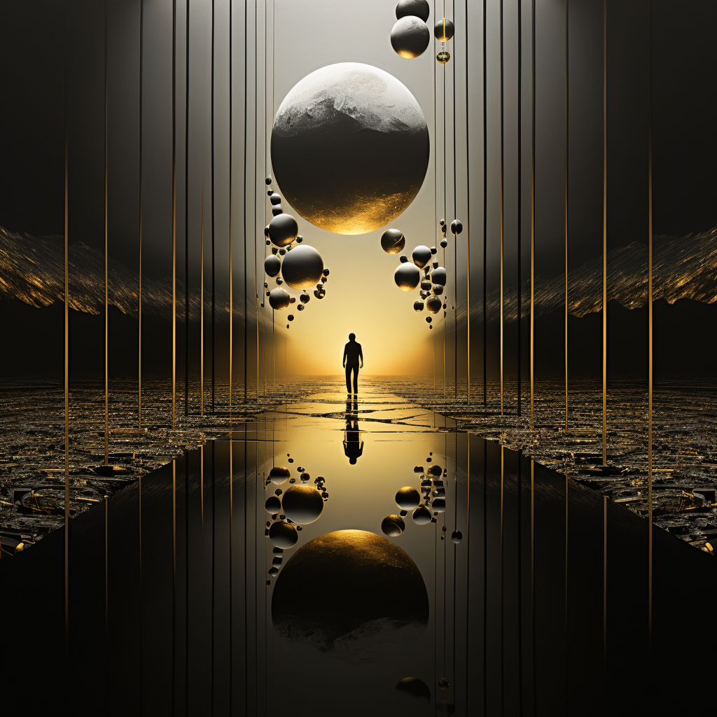 silberne und goldene kugeln schweben über einem spiegelnden weg mit einer person im licht

